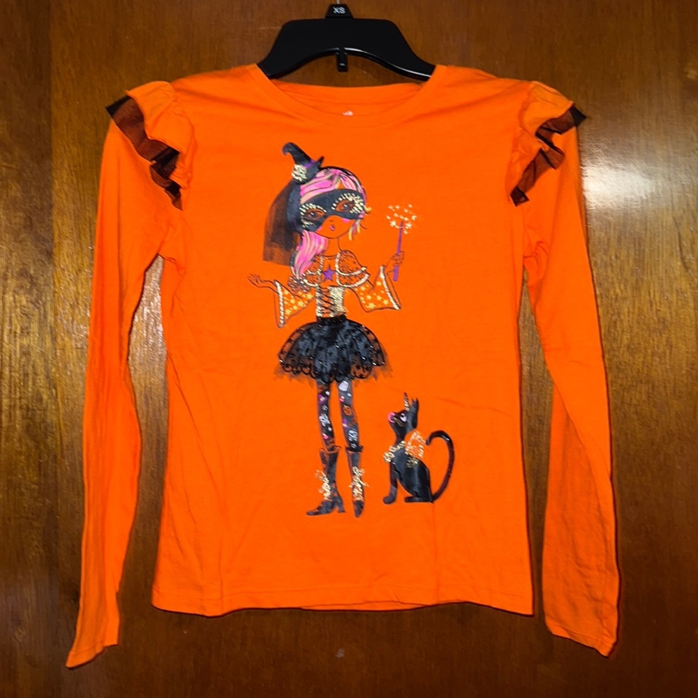 Kids, orange Halloween shirt with girl and cat size large 10/12